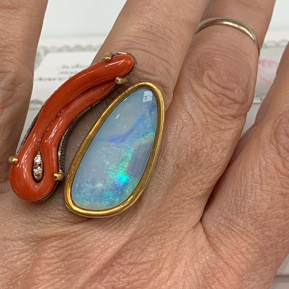Beautiful sterling silver ring with natural Mediterranean coral, and  opal